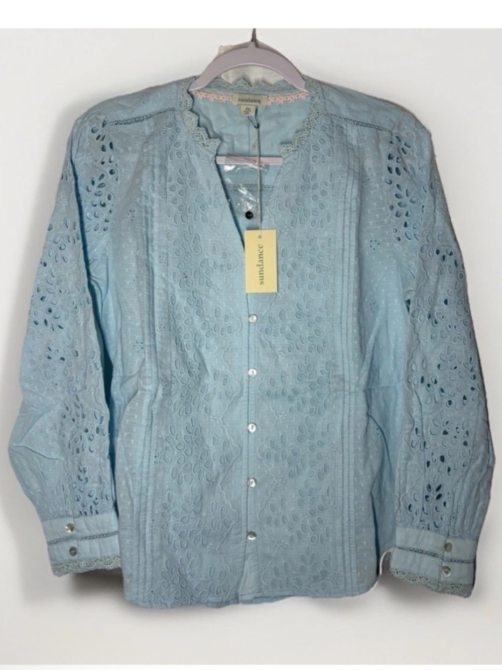 Sundance Valeria Eyelet Floral Aqua Button Up Shirt PS Boho Prairie Cottagecore - Picture 1 of 10